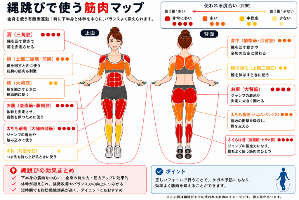 縄跳びで使う筋肉を全面・背面から色分けした図。ふくらはぎ、太もも、お尻、腹筋などを表示