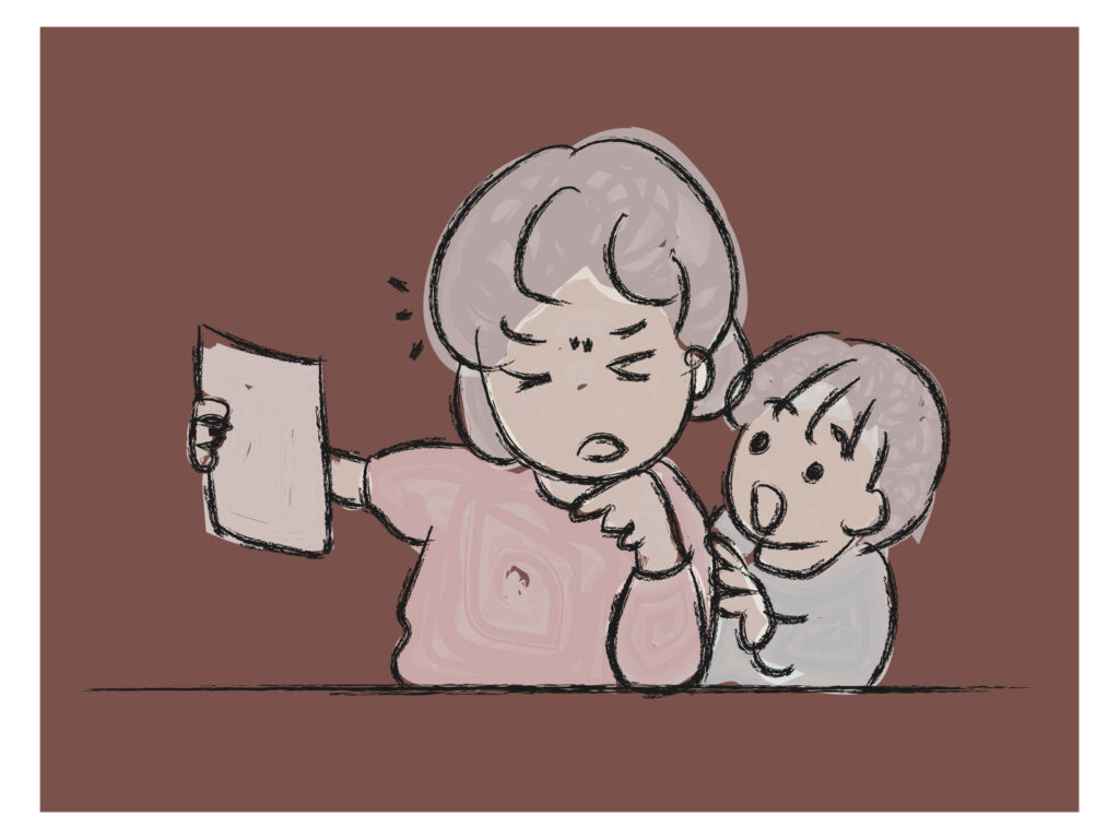 子供が持ってきたプリントを見るが老眼で良く見えないママ